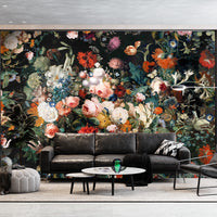 Luxury dark botanical floral mural creating an elegant statement wall in a modern living room