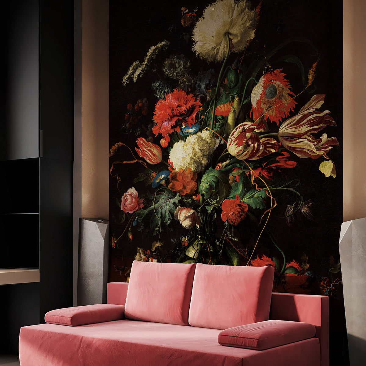 Moody vintage floral wall mural behind a pink sofa in a contemporary living room