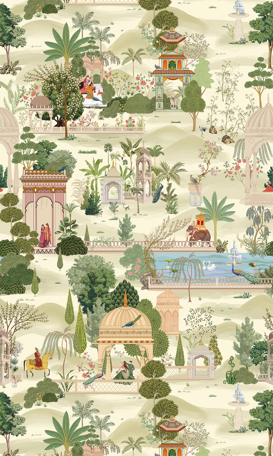 Mughal-inspired garden mural with pavilions, elephants, peacocks, fountains and lush trees