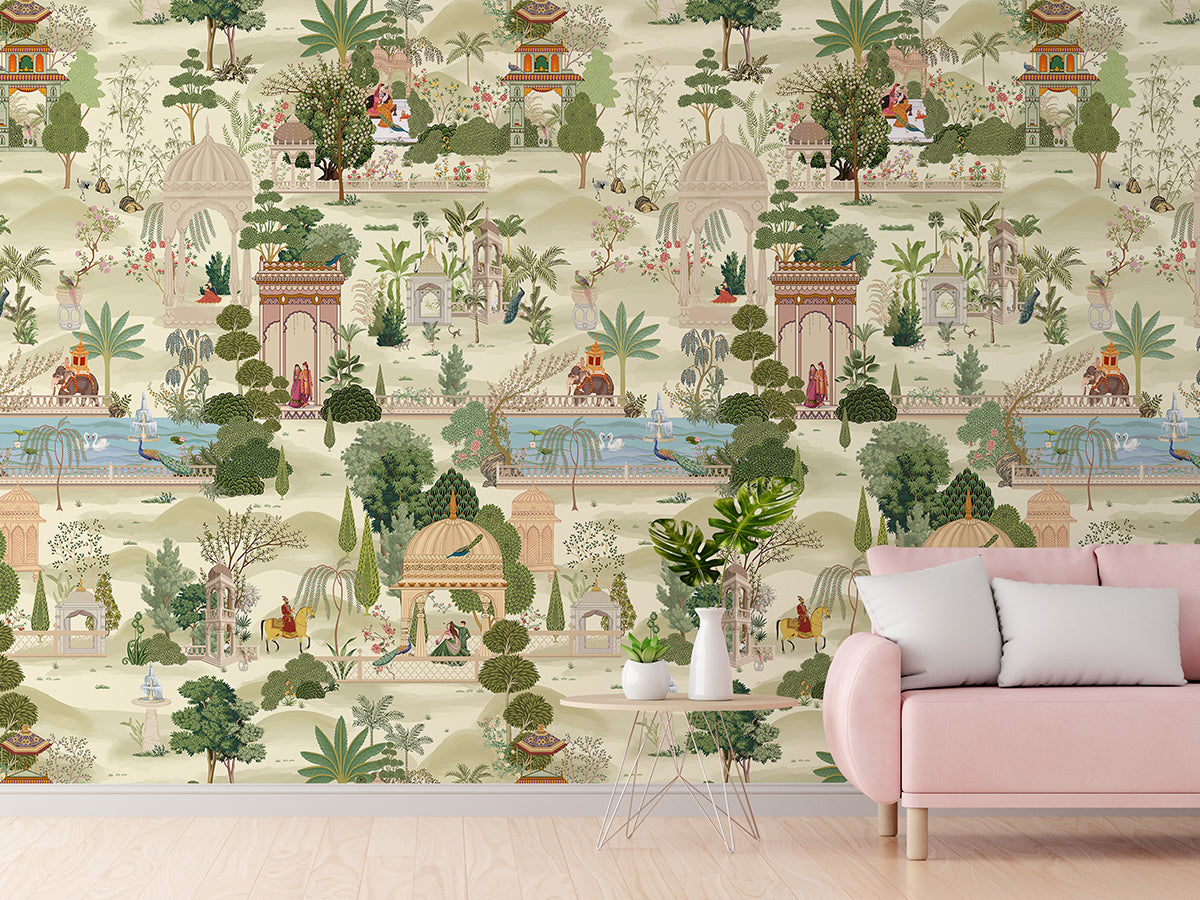 Mughal garden scenic wall mural with palace pavilions and botanical details behind a pink sofa