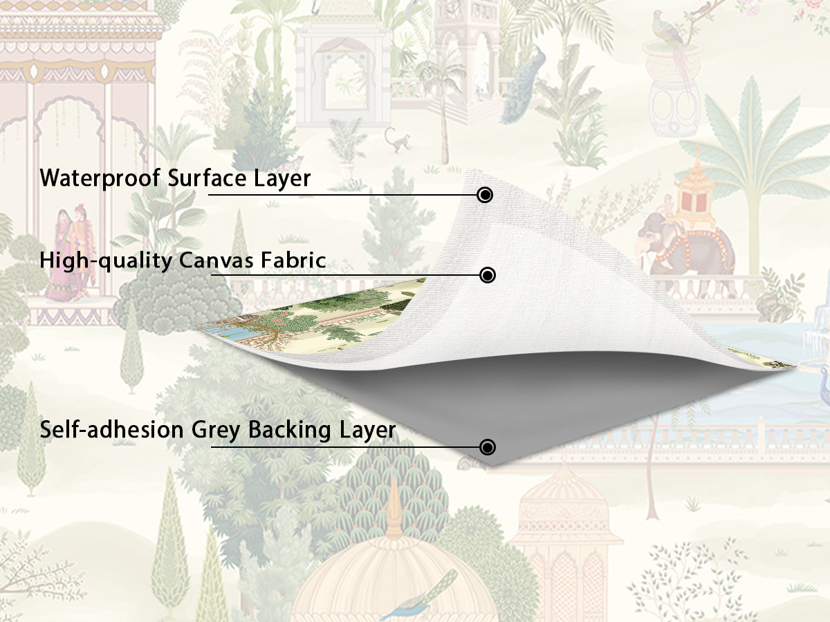 Mughal garden wall mural material layers with waterproof surface, canvas fabric and adhesive backing