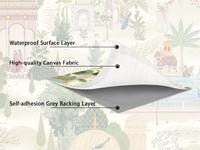 Mughal garden wall mural material layers with waterproof surface, canvas fabric and adhesive backing
