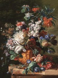 Old Masters inspired floral mural with ivory, red, blue and coral flowers on deep green