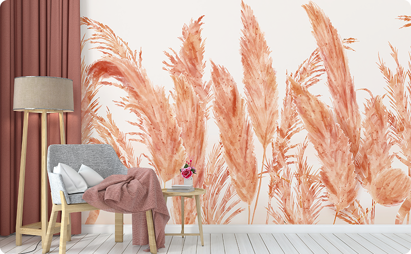 Peach pampas grass wallpaper mural behind a gray accent chair beside dusty rose curtains
