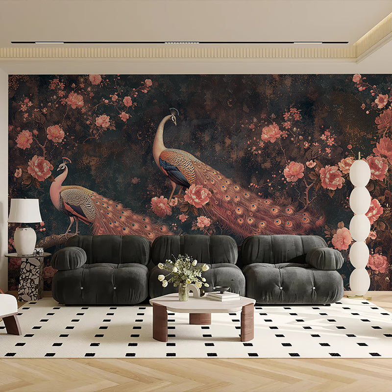 Dark peacock and peony wall mural creating a dramatic living room accent wall
