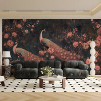 Dark peacock and peony wall mural creating a dramatic living room accent wall