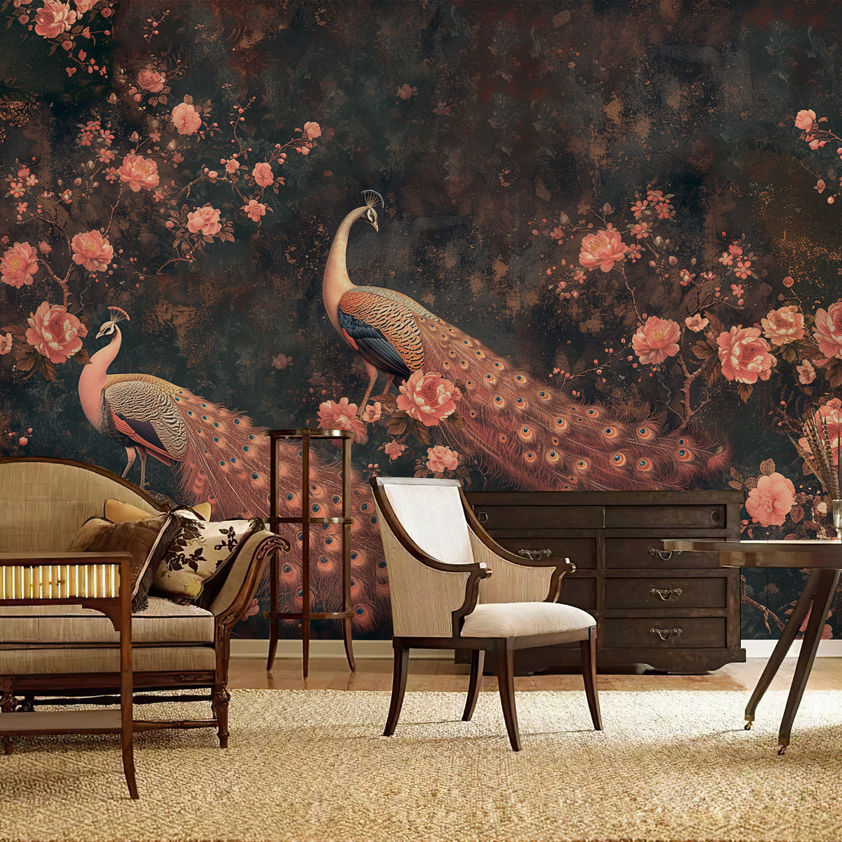 Moody peacock and floral mural in a vintage-inspired reading room interior