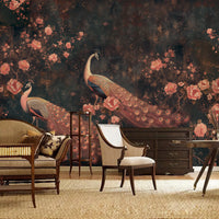 Moody peacock and floral mural in a vintage-inspired reading room interior