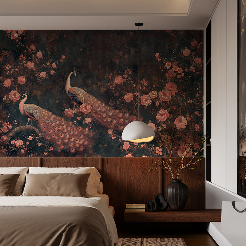 Dark peacock floral wall mural used as a statement wall behind a modern bed