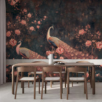 Peacock and pink blossom wall mural decorating a modern minimalist dining area