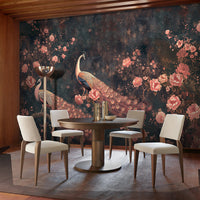 Vintage peacock floral wall mural with pink peonies in an elegant dining room