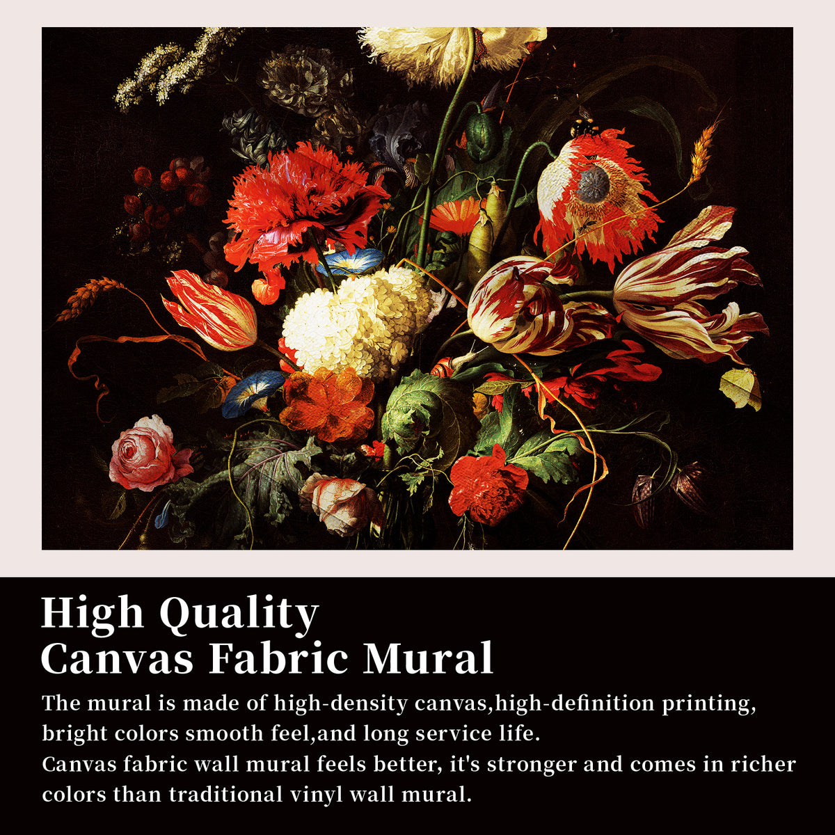 Vintage dark floral canvas wall mural showing rich color and detailed printing