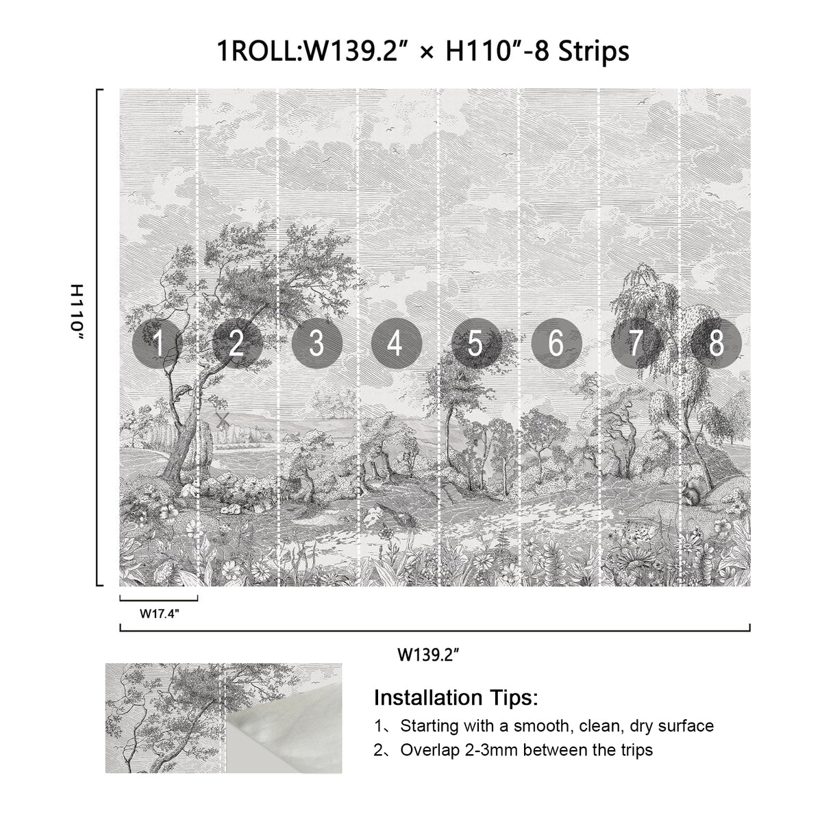 Vintage Susuno Jungle Gray Wallpaper Mural size specification, 8 strips vintage engraving wall mural installation layout