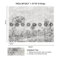Vintage Susuno Jungle Gray Wallpaper Mural size specification, 8 strips vintage engraving wall mural installation layout