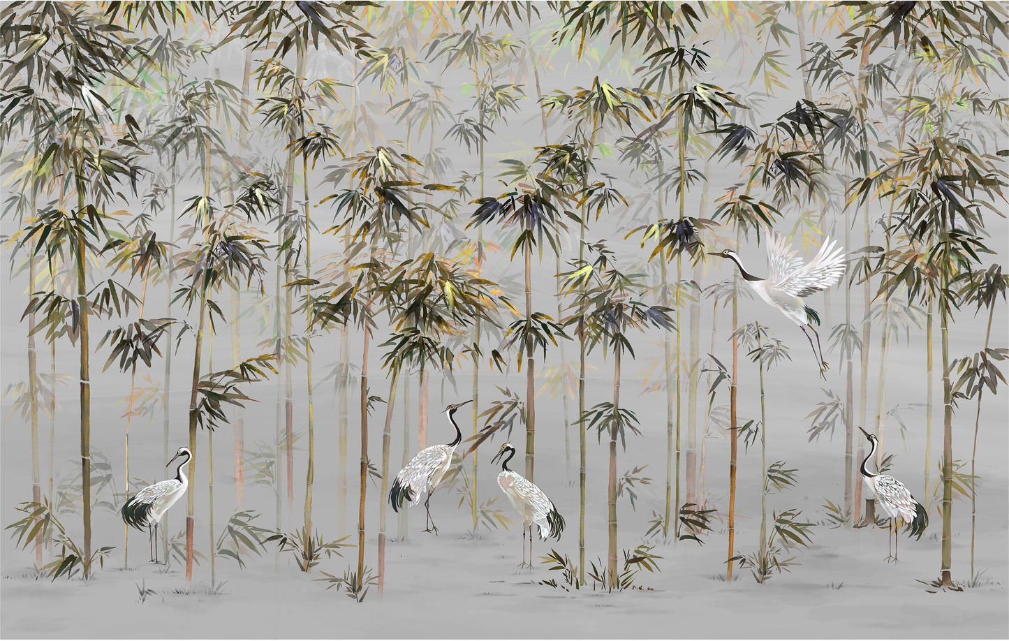 Chinoiserie Flying Cranes in Bamboo Forest Gray Mural