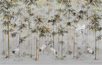 Chinoiserie Flying Cranes in Bamboo Forest Gray Mural
