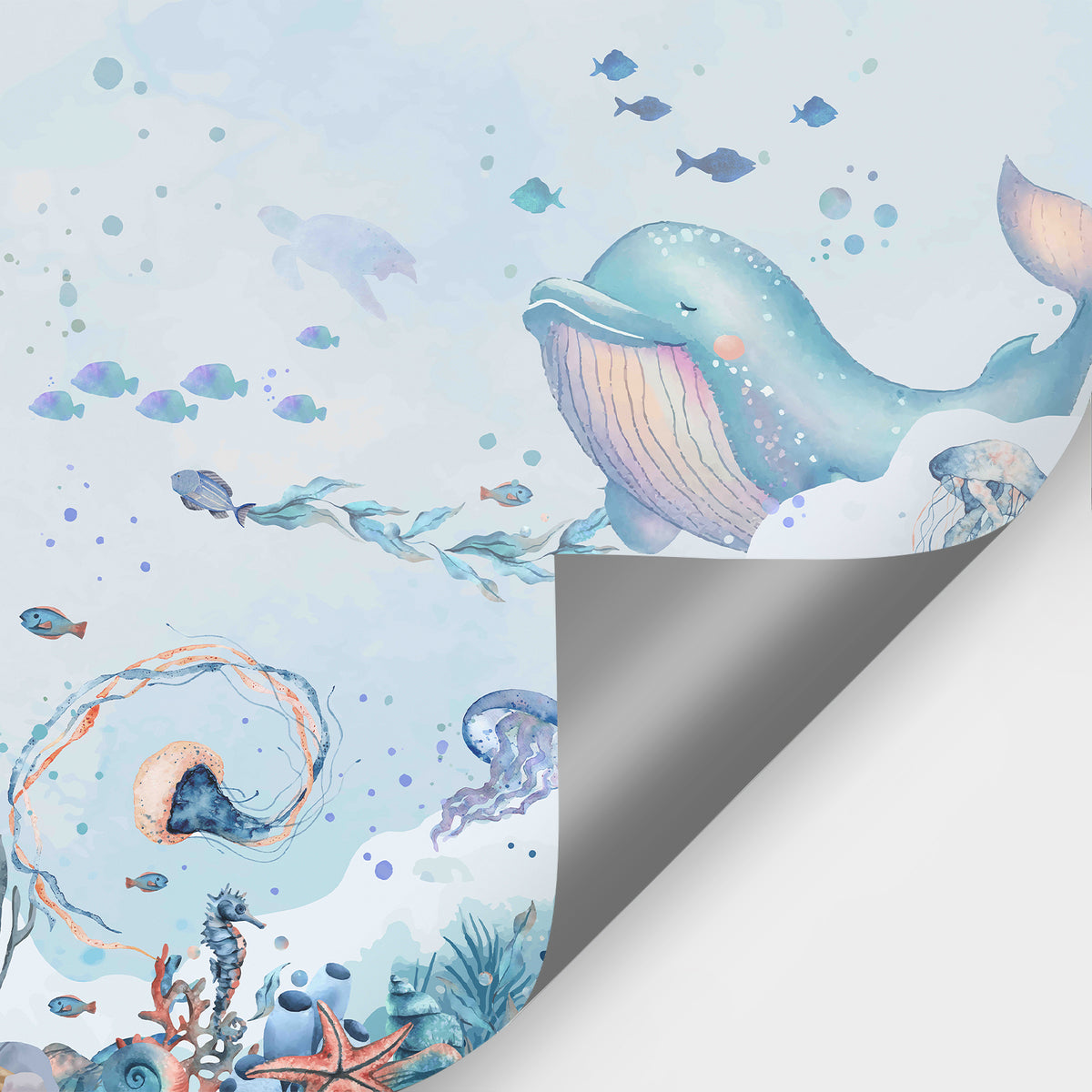 Fixed size：Watercolor Underwater Whale Kids Wallpaper Mural