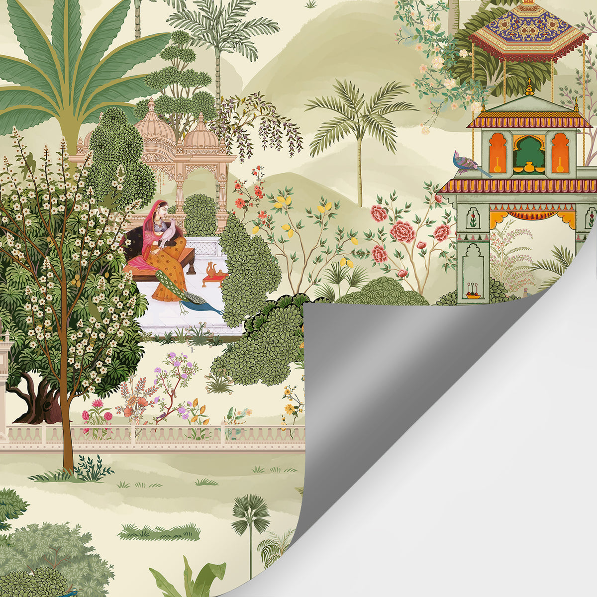 Peel and stick Mughal garden wall mural showing self-adhesive backing