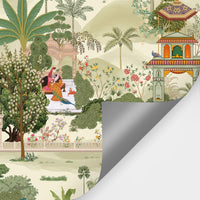 Peel and stick Mughal garden wall mural showing self-adhesive backing